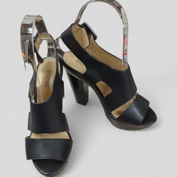 New MICHAEL KORS Carla Platform Sandal Heel Size 5.5 Black Leather Buckle NO Box - Picture 8 of 12